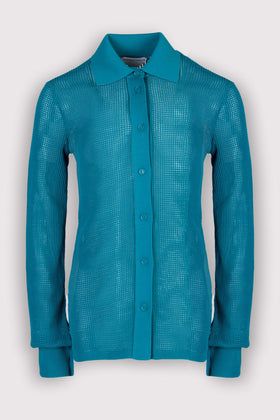 RRP €990 BOTTEGA VENETA Technical Mesh Knit Shirt Size M Turquoise Collared gallery photo number 1