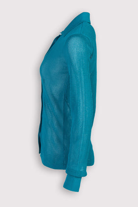 RRP €990 BOTTEGA VENETA Technical Mesh Knit Shirt Size M Turquoise Collared gallery photo number 2