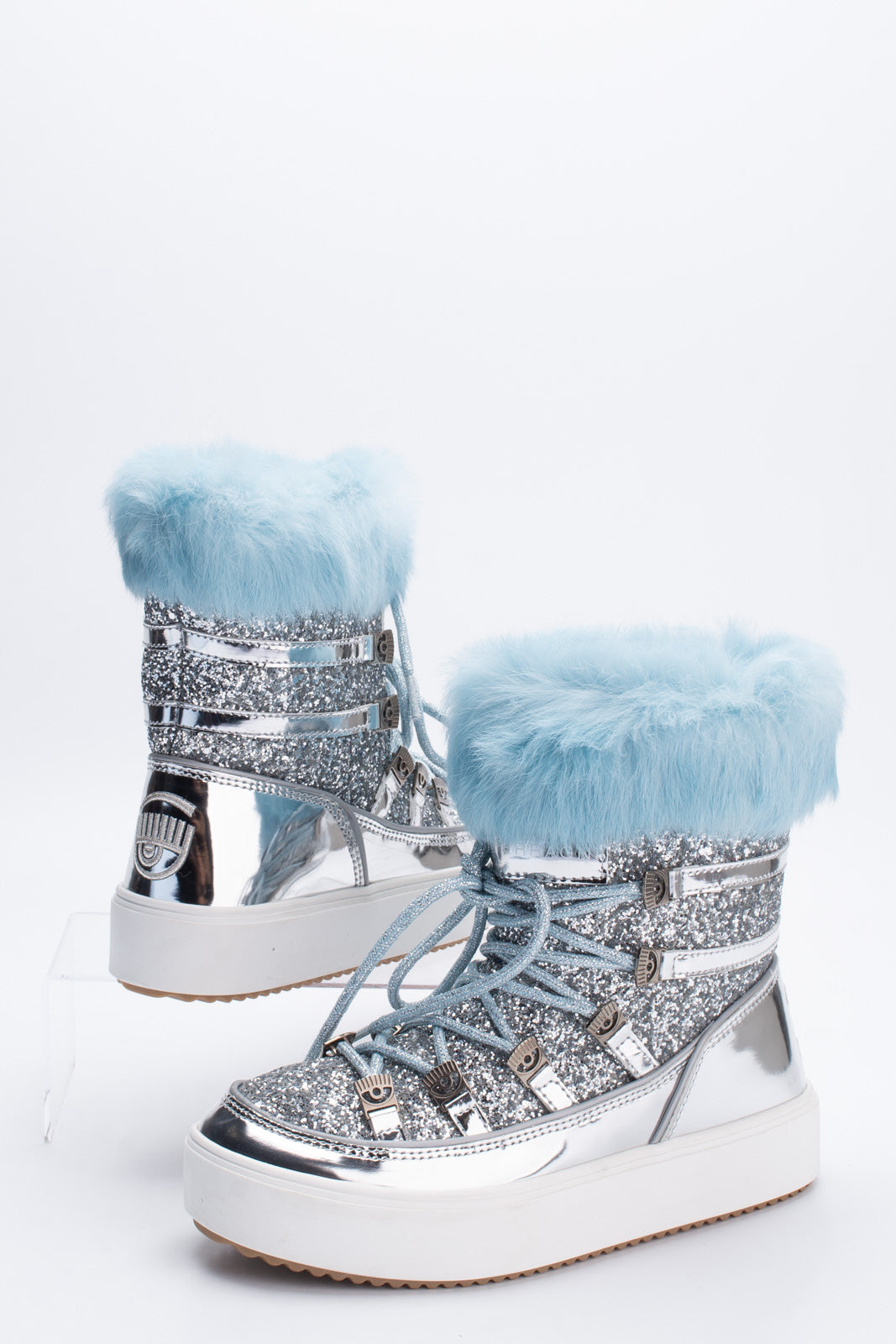 RRP€615 CHIARA FERRAGNI Leather Snow Boots US8 UK5 EU38 Glitter Rabbit Fur Trim gallery main photo