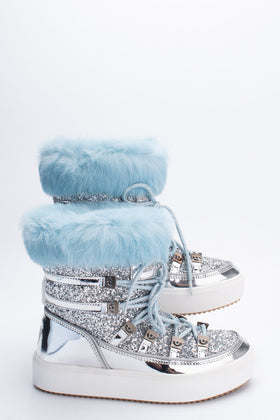 RRP €340 CHIARA FERRAGNI Leather Snow Boots US9 UK6 EU39 Glitter Rabbit Fur Trim gallery photo number 2