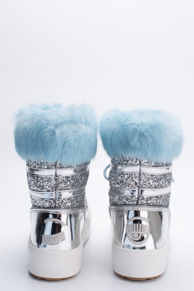 RRP €340 CHIARA FERRAGNI Leather Snow Boots US9 UK6 EU39 Glitter Rabbit Fur Trim gallery photo number 5