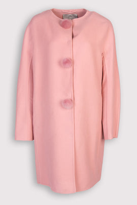 RRP €1810 ERMANNO SCERVINO Wool Topcoat IT46 US10 UK14 XL Pink Mink Fur Pom Pom