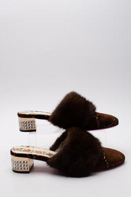 RRP€1010 GUCCI Velour Mule Shoes US7 EU37 UK4 Mink Fur Guccissima Crystals