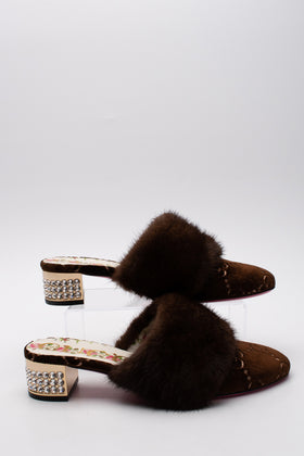 RRP€1010 GUCCI Velour Mule Shoes US7 EU37 UK4 Mink Fur Guccissima Crystals gallery photo number 2