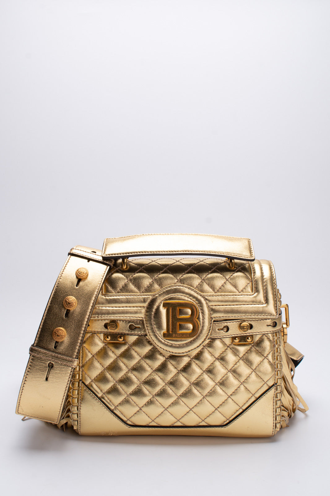 RRP €1970 BALMAIN B-Buzz Metallic Leather Satchel Bag Quilted Logo Fringes Sides gallery main photo