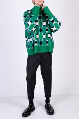 RRP€390 RANDOM IDENTITIES Wool Jacquard Oversize Sweater Size L Green New Argyle