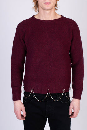 RRP €350 RANDOM IDENTITIES Shetland Wool Sweater Size L Bordeaux Chain Trim gallery photo number 2