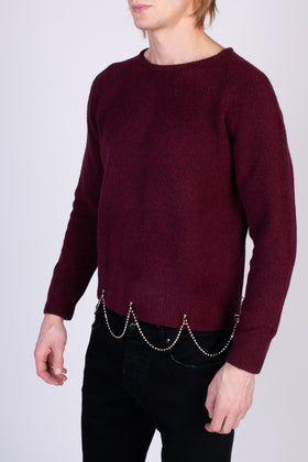 RRP €350 RANDOM IDENTITIES Shetland Wool Sweater Size L Bordeaux Chain Trim gallery photo number 4