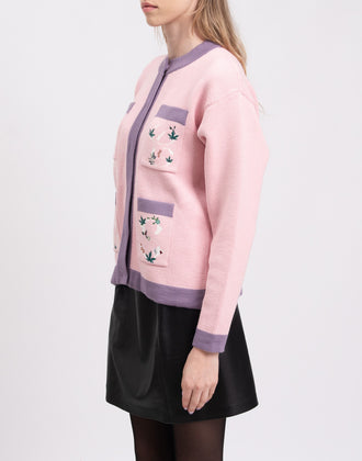 RRP €445 GCDS Cardigan Size L Wool Blend Pink Embroidered Flowers Crew Neck gallery photo number 5