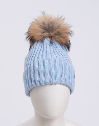 RRP€220 BOGNER Beanie Cap One Size Wool Blend Detachable Raccoon Fur Pom Pom