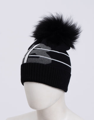 RRP€220 BOGNER Beanie Cap One Size Wool Blend Detachable Raccoon Fur Pom Pom