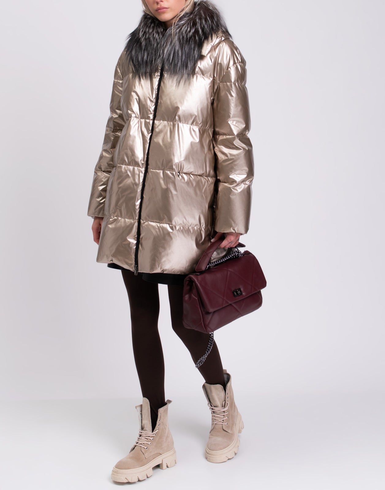 RRP€2115 FABIANA FILIPPI Down Quilted Coat IT42 US6 S Metallic Padded Fox Fur gallery main photo