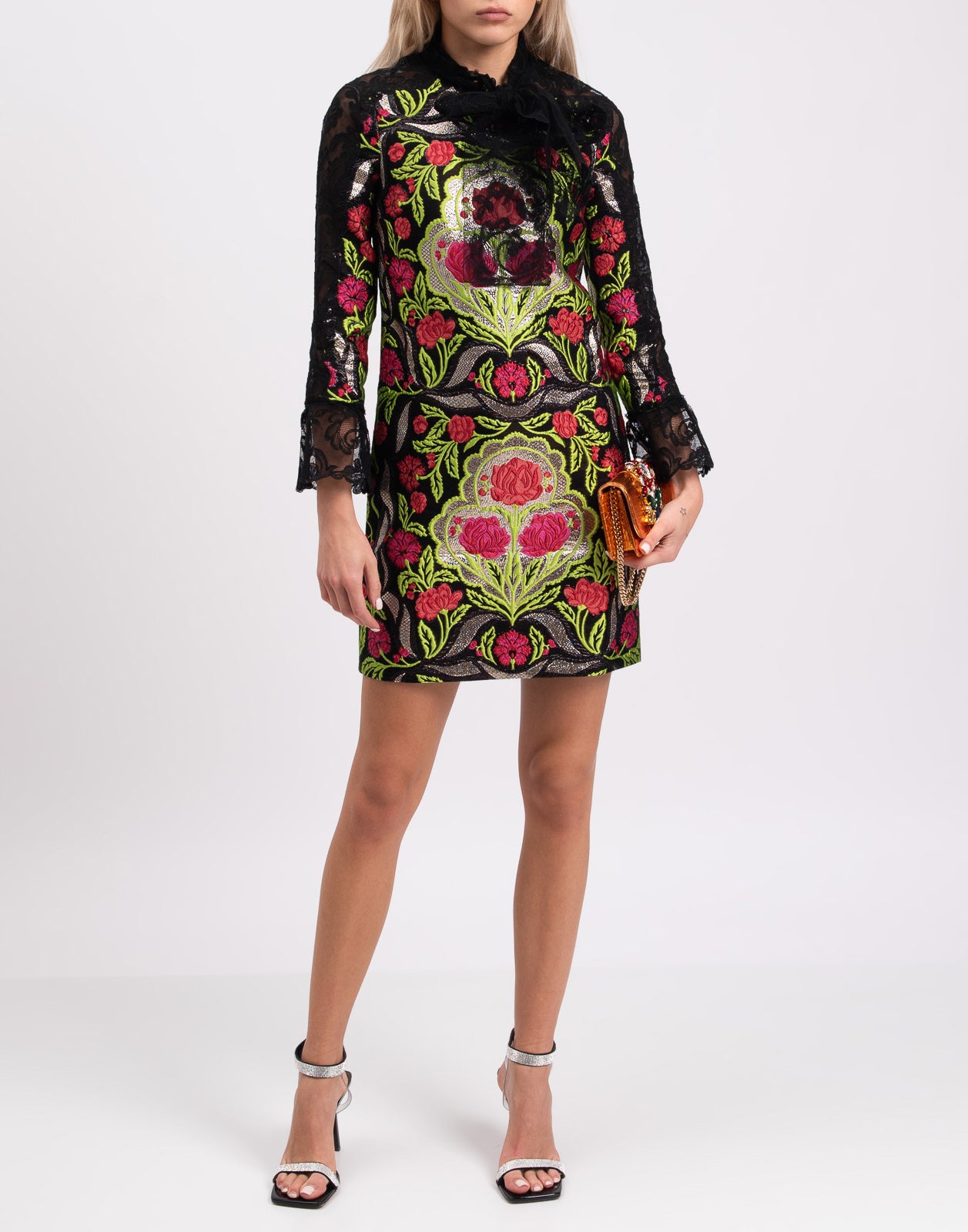 RRP €3980 GUCCI Brocade Mini Dress IT38 US2 UK6 XS Silk Blend Floral Tulle Bow gallery main photo