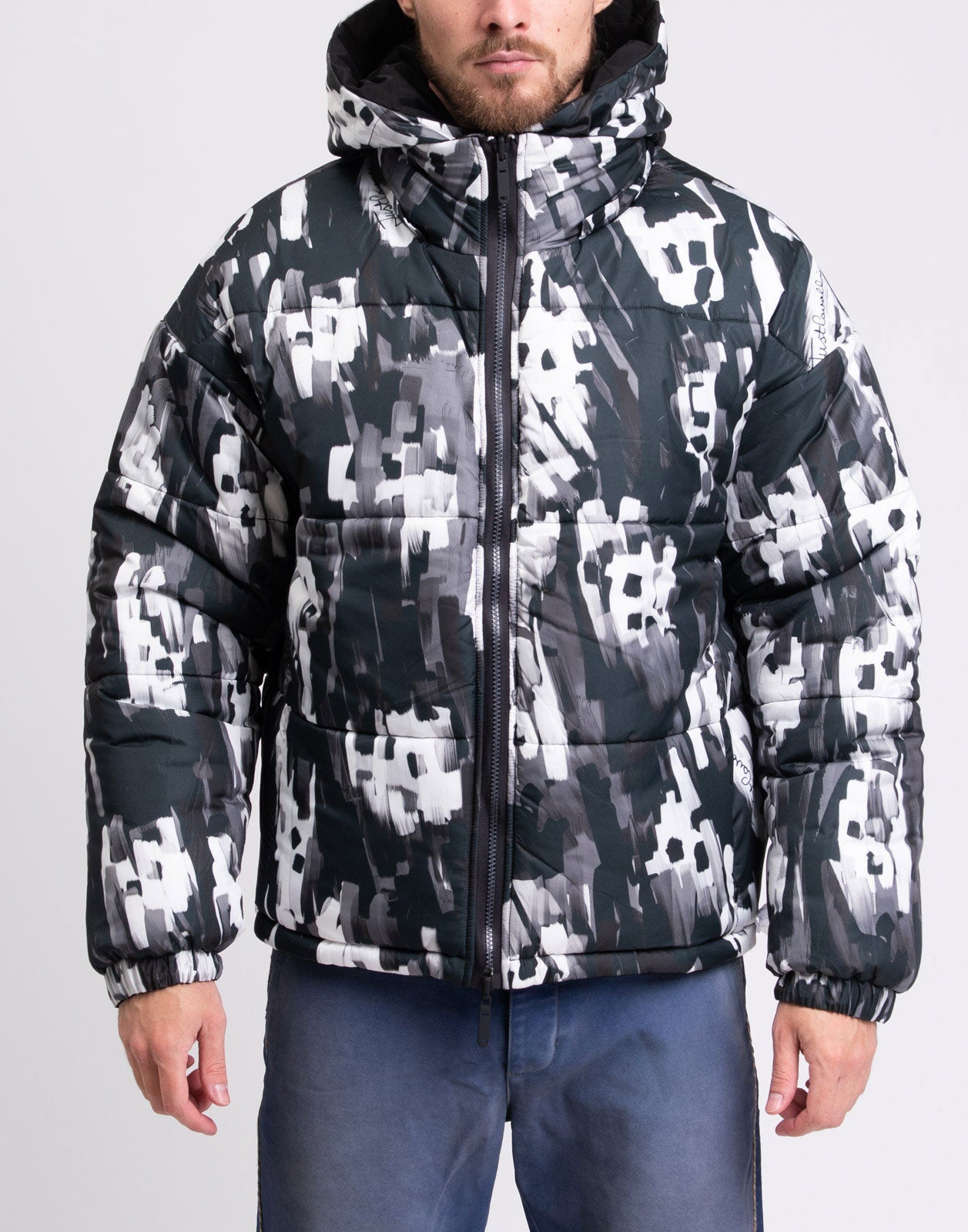 RRP€680 JUST CAVALLI Puffer Jacket IT48 US38 M Padded Brushed Print Hooded gallery main photo