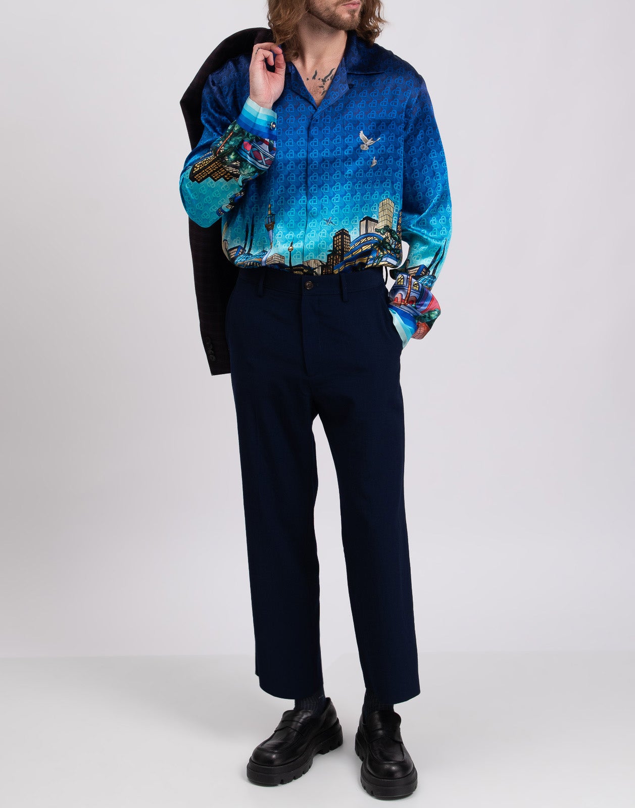 RRP €990 GUCCI Wool Flat Front Trousers IT50 US40 L Blue Cropped Made in Italy gallery main photo