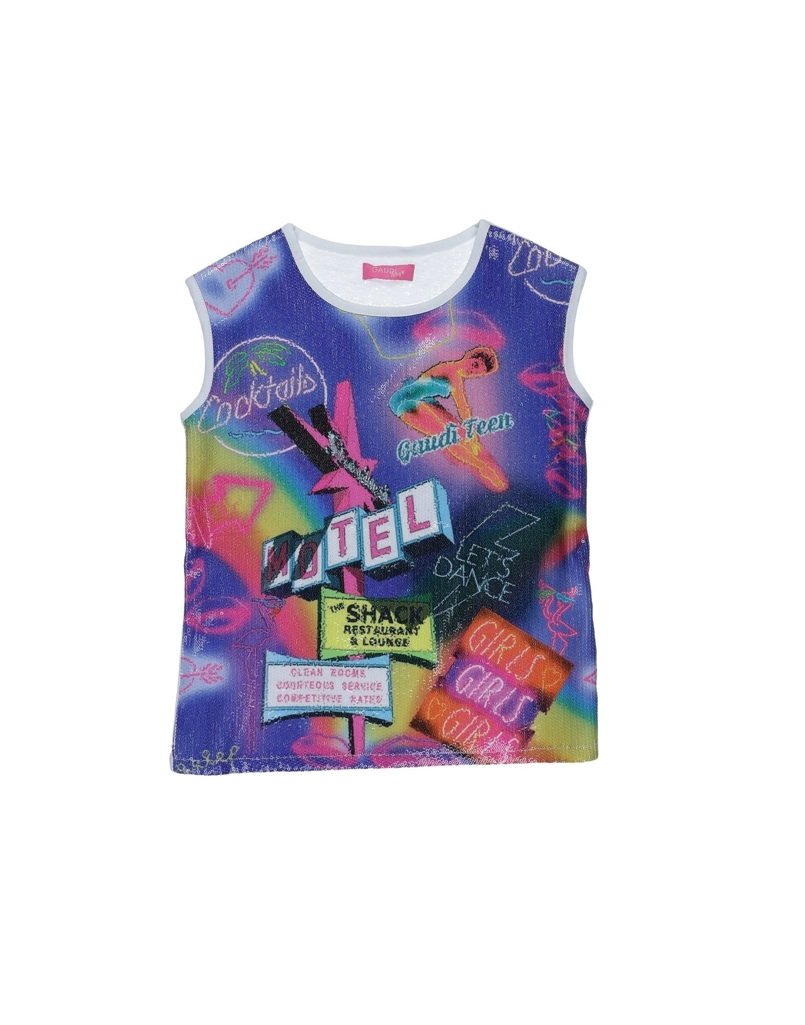GAUDI TEEN T-Shirt Top Size 8Y Printed Front Coated Sequins Pattern Sleeveless gallery main photo