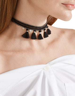 CHAN LUU Choker Necklace HANDCRAFTED Tassel Trim Self-Tie Metal Chain Detail
