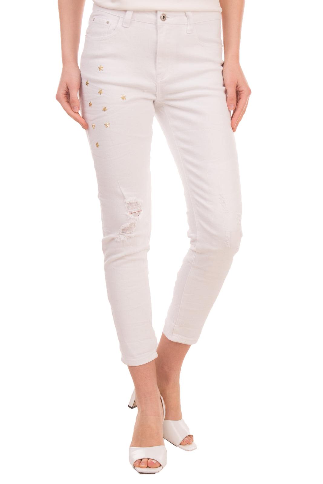 ODI ET AMO Jeans Size 30 Stretch White Distressed Style Star Studs Cropped gallery main photo