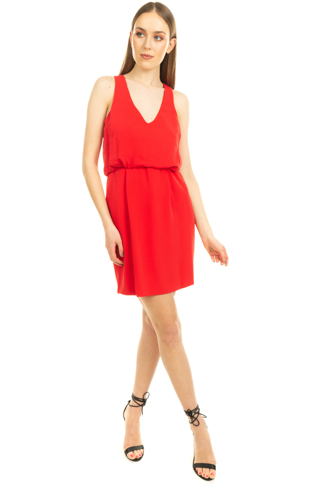 RRP €230 MANGANO Blouson Dress Size 46 Red Crossover Straps V Neck Made in Italy gallery main photo