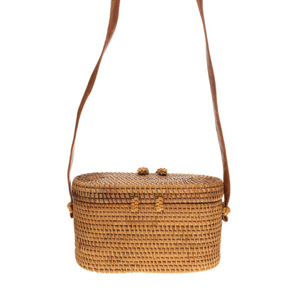 ORTYS Wicker Rattan Flap Crossbody Bucket Bag Contrast Details Made in Italy gallery photo number 2