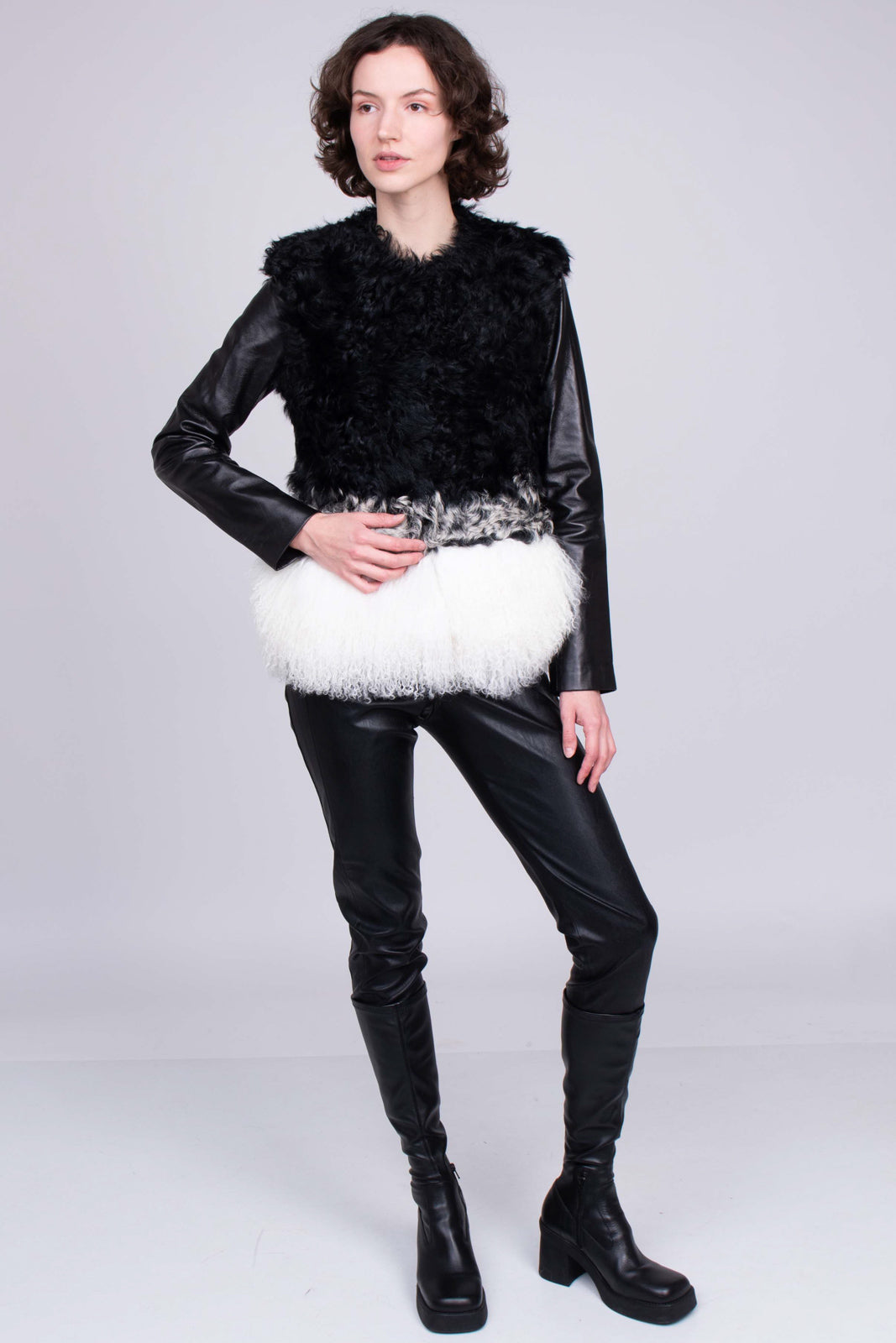 RRP€1280 ASHLEY B. Lamb Fur Jacket Size M Leather Sleeve Hook & Eye Crew Neck gallery main photo