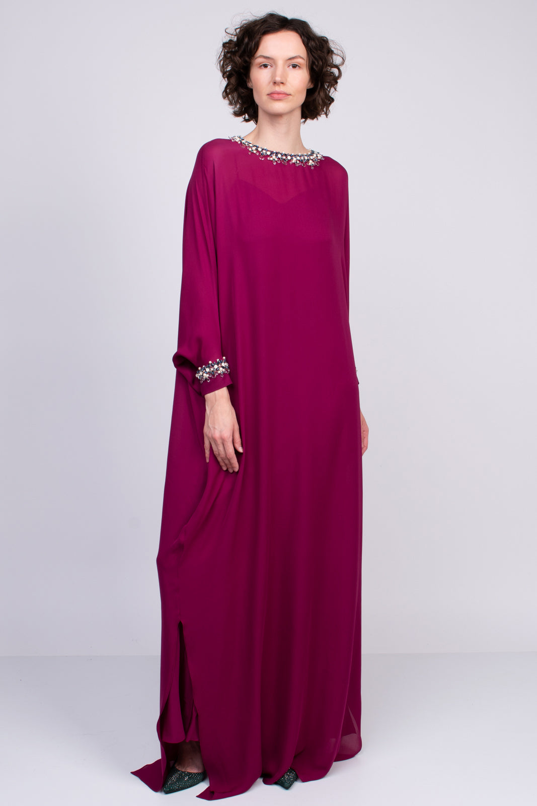 RRP €3975 OSCAR DE LA RENTA Silk Caftan Dress Size XS Rhinestones High Slit gallery main photo