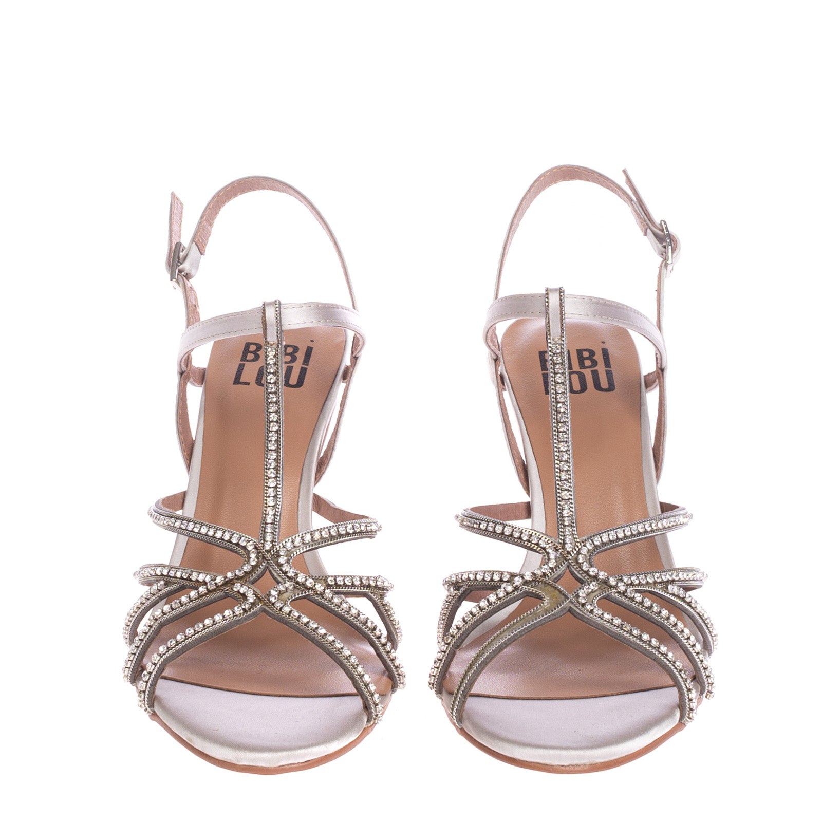 RRP €135 BIBI LOU Satin T-Strap Sandals Size 38 UK 5 US 8 Heel Rhinestones Chain gallery main photo