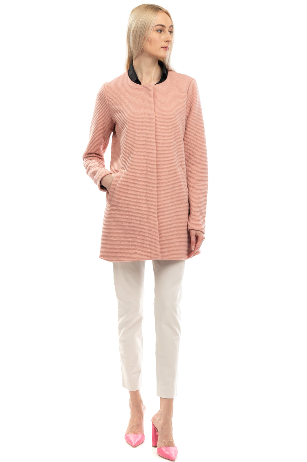 ONLY Coat Size M Light Pink Fully Lined Textured Popper Front Round Neck gallery main photo