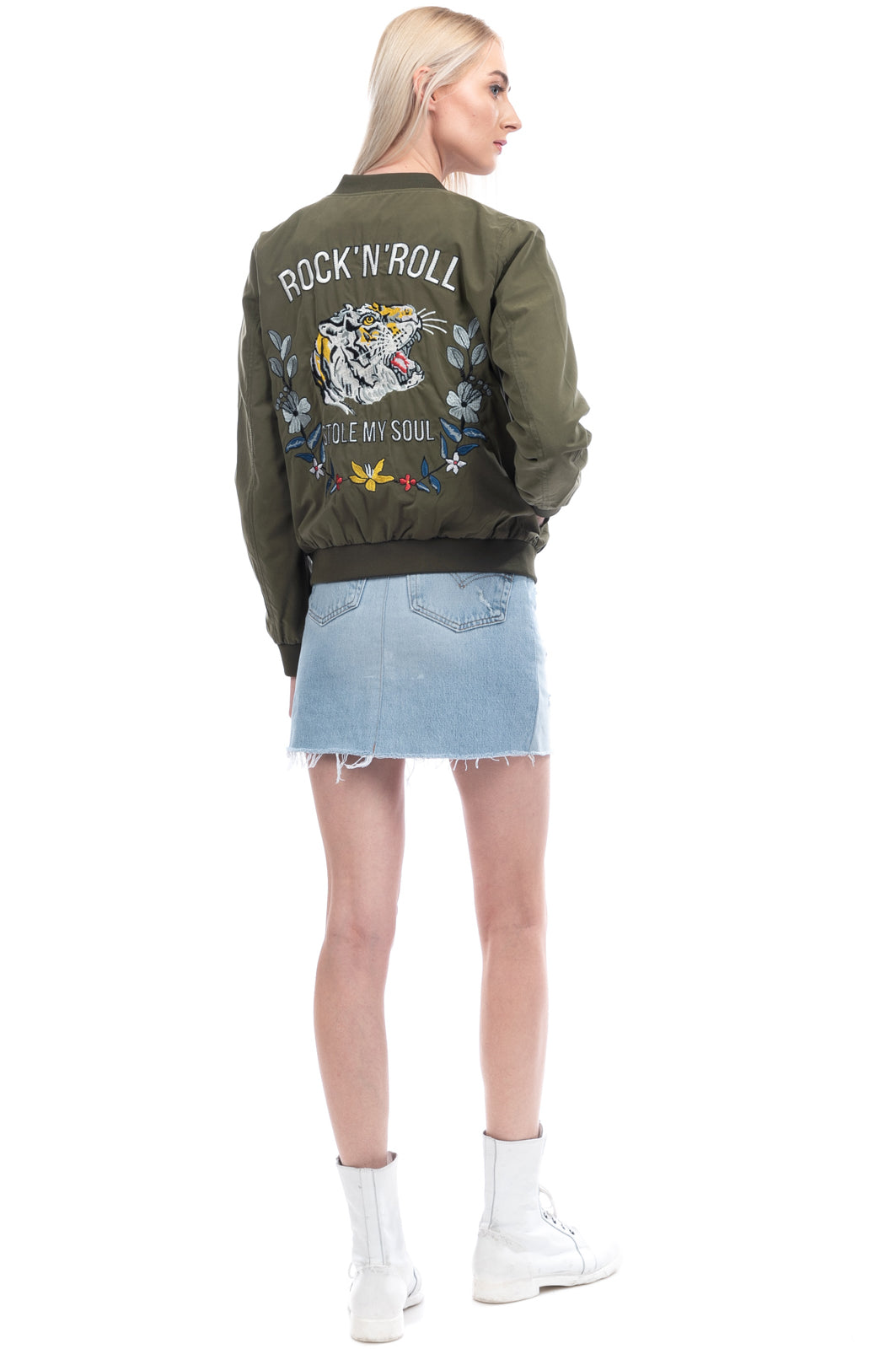 ONLY Bomber Jacket Size M Embroidered ROCK'N'ROLL & Tiger Back Ribbed Neckline gallery main photo