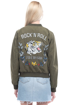 ONLY Bomber Jacket Size M Embroidered ROCK'N'ROLL & Tiger Back Ribbed Neckline gallery photo number 4
