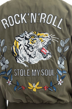 ONLY Bomber Jacket Size M Embroidered ROCK'N'ROLL & Tiger Back Ribbed Neckline gallery photo number 5