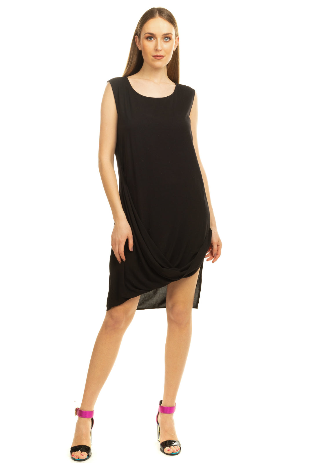 OAK Rayon Shift Dress Size 2  -  M Black Draped Dipped Hem Sleeveless Round Neck gallery main photo