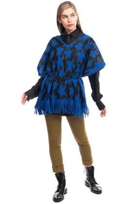 BERNA Poncho One Size Wool Blend Star Pattern Fringe Waist Tie V-Neck gallery photo number 1