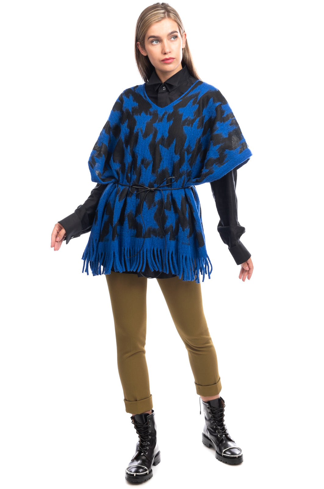 BERNA Poncho One Size Wool Blend Star Pattern Fringe Waist Tie V-Neck gallery main photo