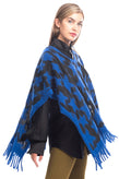 BERNA Poncho One Size Wool Blend Star Pattern Fringe Waist Tie V-Neck gallery photo number 6