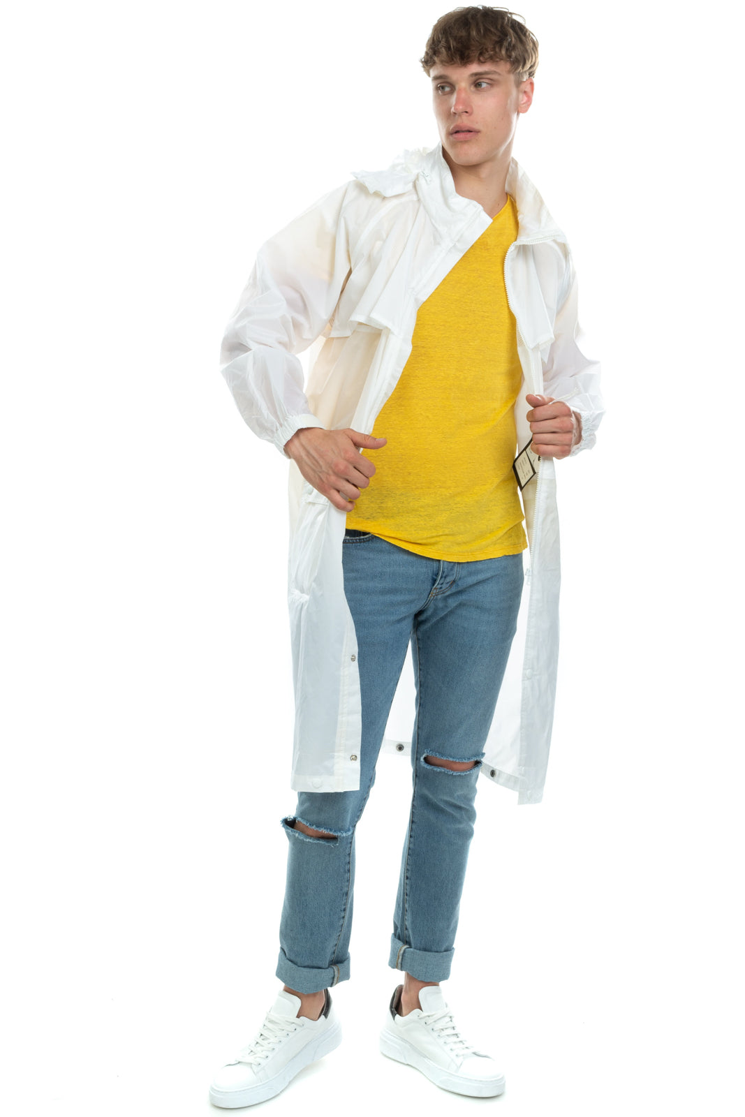 ASPESI NORD White Full Zip Raincoat Size M Lightweight Hooded Adjustable Length gallery main photo