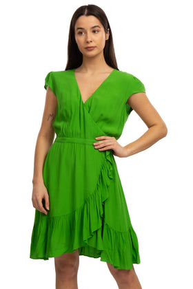J.CREW Crepe Flounce Dress Size 00 / 2XS Green Wrap Front Ruffle Asymmetric Hem gallery photo number 2