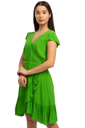 J.CREW Crepe Flounce Dress Size 00 / 2XS Green Wrap Front Ruffle Asymmetric Hem gallery photo number 3