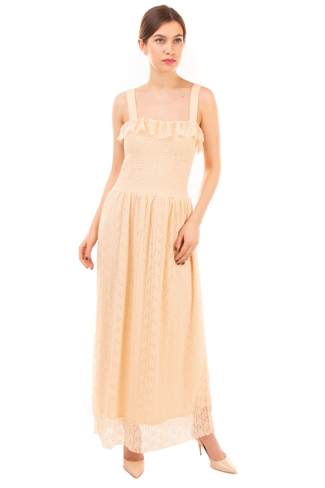 VERO MODA Lace Maxi Dress Size S  Fully Lined Ruffle Trim Shirred Sleeveless gallery main photo