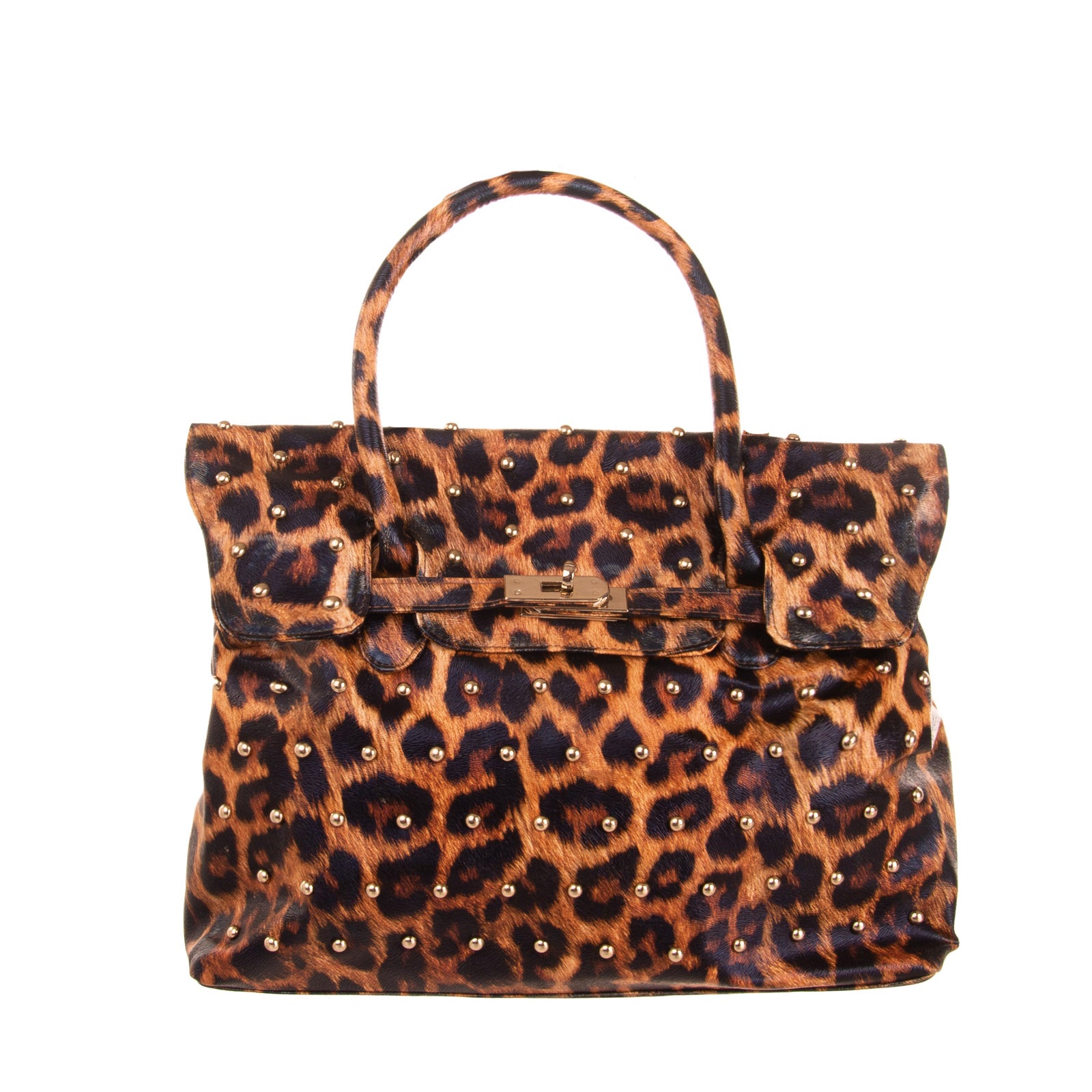 2STAR Flap Tote Bag Textured PU Leather Leopard Pattern Studded Turnlock gallery main photo