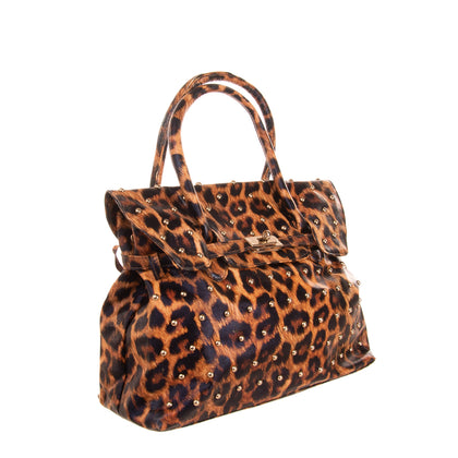 2STAR Flap Tote Bag Textured PU Leather Leopard Pattern Studded Turnlock gallery photo number 2