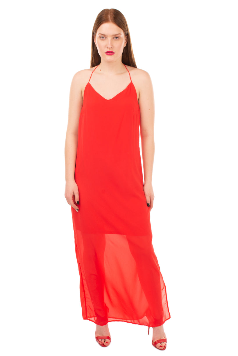 VERO MODA  Maxi Overlay Slip Dress Size M Red Slit Side Strappy V Neck gallery main photo