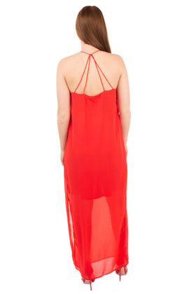 VERO MODA Maxi Overlay Slip Dress Size M Red Slit Side Strappy V-Neck gallery photo number 2