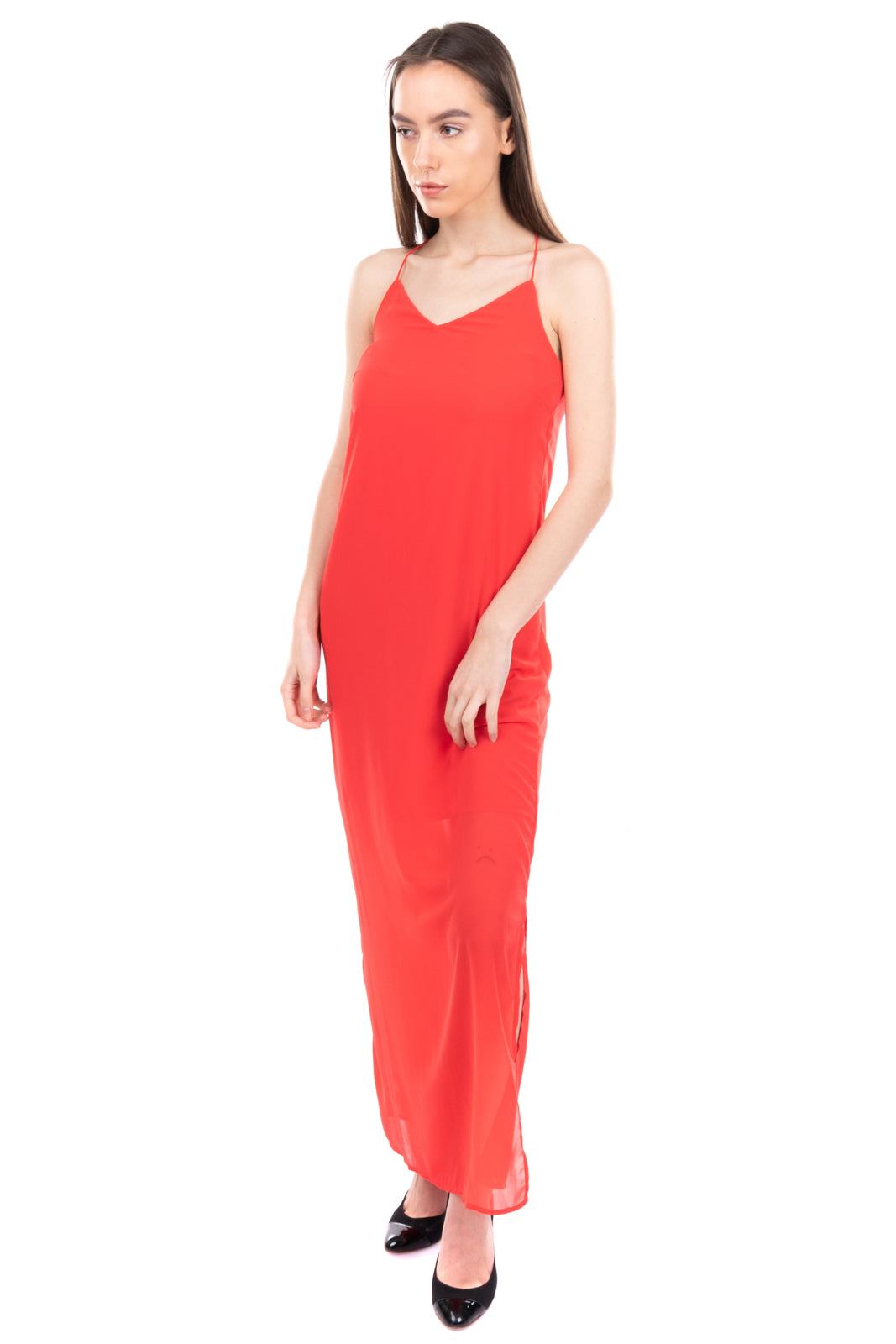 VERO MODA Maxi Overlay Slip Dress Size M Red Slit Side Strappy V Neck gallery main photo