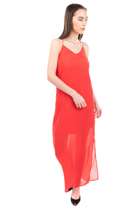 VERO MODA Maxi Overlay Slip Dress Size M Red Slit Side Strappy V Neck gallery photo number 2
