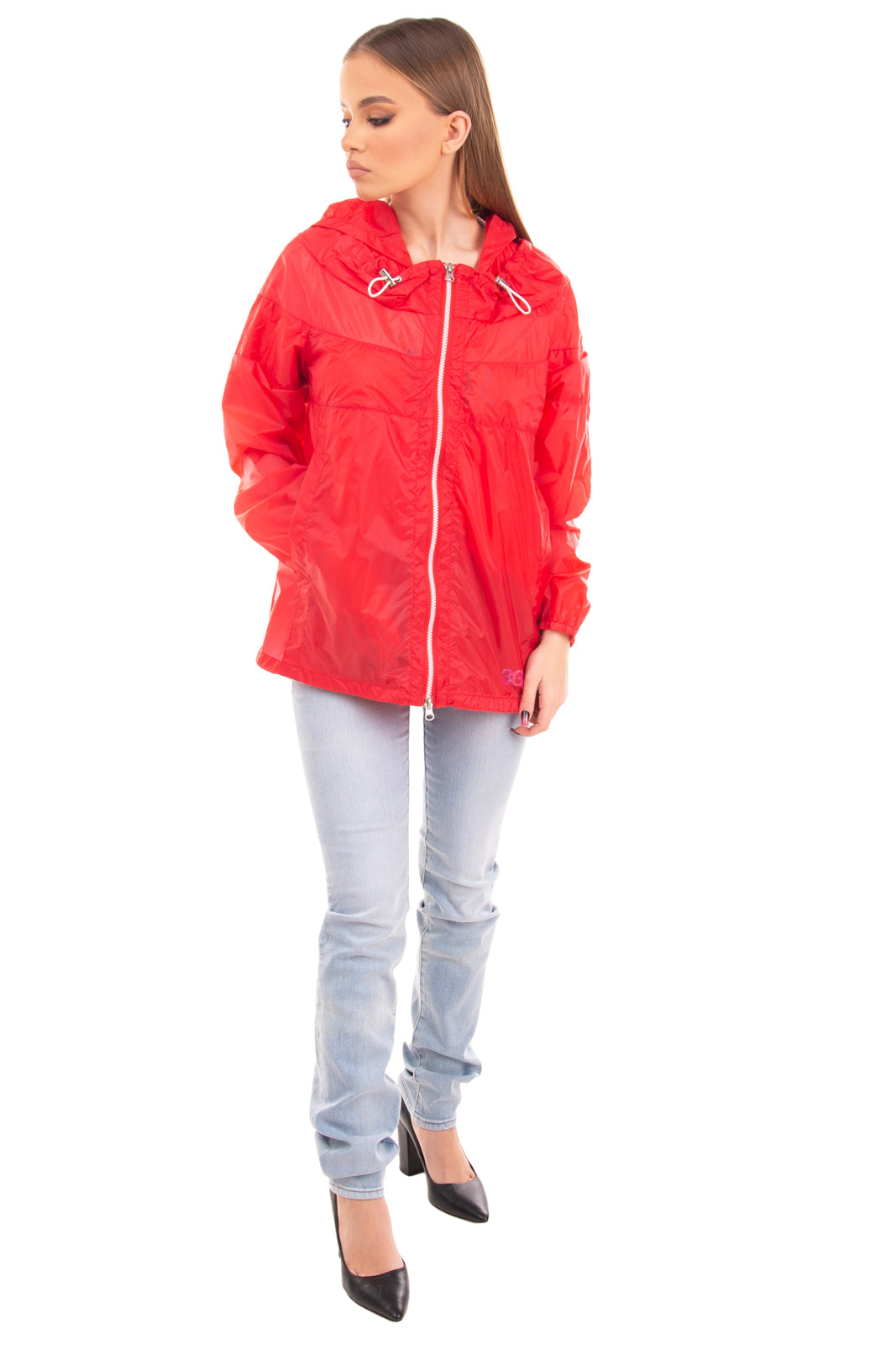 313 TRE UNO TRE Windbreaker Jacket Size S Red Drawcord Full Zip Hooded gallery main photo