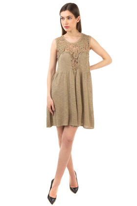 AMELIE REVEUR Flared Dress Size M/L Linen Blend Knitted Lace Inserts Round gallery photo number 2