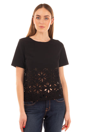 FOUDESIR Top Size S Black Laser Cut Hem Short Sleeve Crew Neck Made in Italy gallery photo number 2
