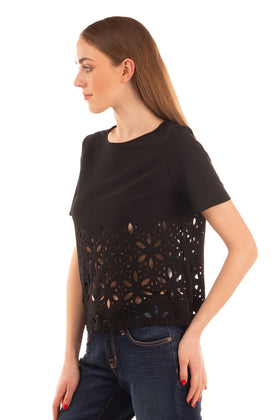 FOUDESIR Top Size S Black Laser Cut Hem Short Sleeve Crew Neck Made in Italy gallery photo number 4