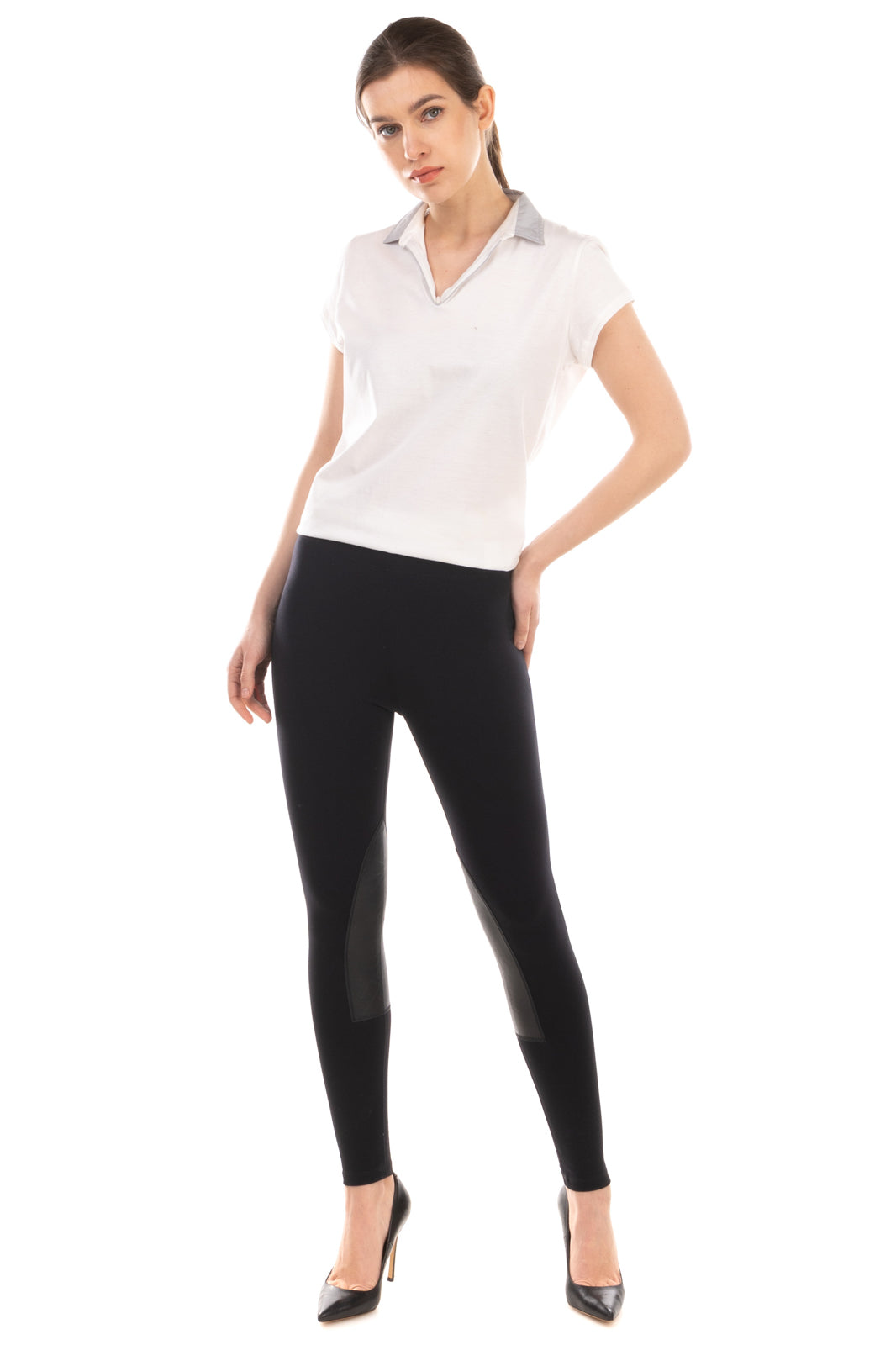 RRP €130 DAVID LERNER Riding Style Leggings S Faux Leather Patches Made in USA gallery main photo